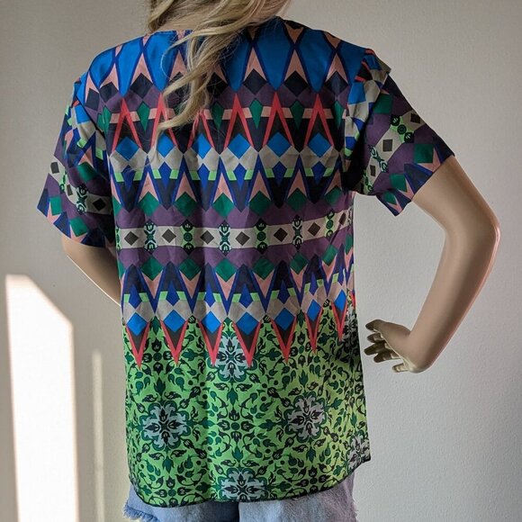 J. Crew Top Women's Size 2 Colorful 100% Silk Geometric Patterned Short Sleeve - Picture 3 of 16